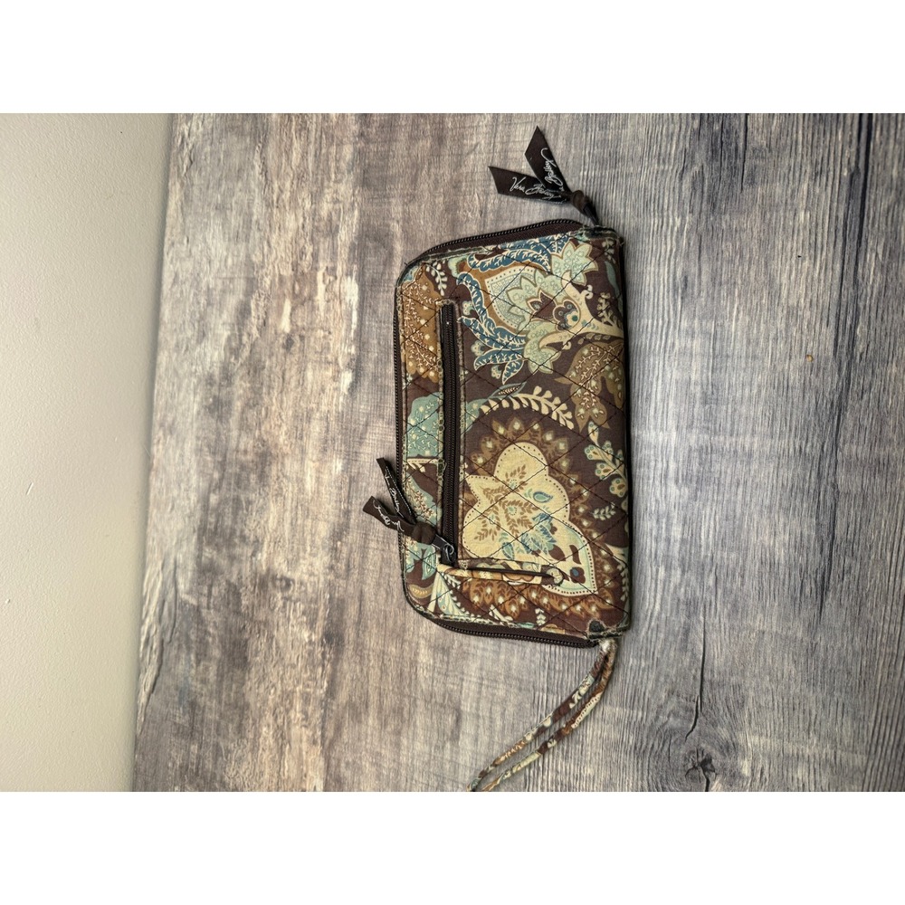 Vera Bradley All In One Crossbody Wallet Wristlet Brown Teal Paisley Quilted